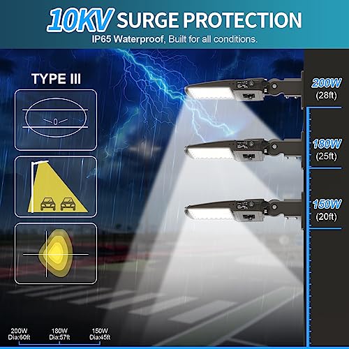 AKK LED Parking Lot Light 200W 180W 150W Adjustable, 32000LM 160LM/W 5000K, Dimmable Shoebox Area Light with Photocell, IP65 ETL 100-277V Arm & Slip Fitter Mount for Driveways, Warehouses & Streets - size: 200W/180W/150W Switchable