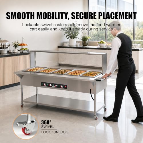 Steam Table, Commercial Food Warmer, 100QT 5-Pan, Dry Heat, Removable Work Table, Shield, 5 Independent Temperature Controls & Even Warming, 110V–120V, Undershelf & Locking Wheels - size: Dry Heat --100QT (110-120V)