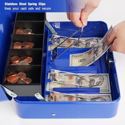 Cash Box with Money Tray and Lock, Metal Money Box for Cash Register 4 Keys - color: Blue