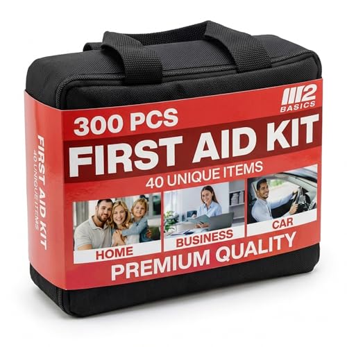 M2 BASICS 300 Piece First Aid Kit w/Durable Bag for Home, Business, Office