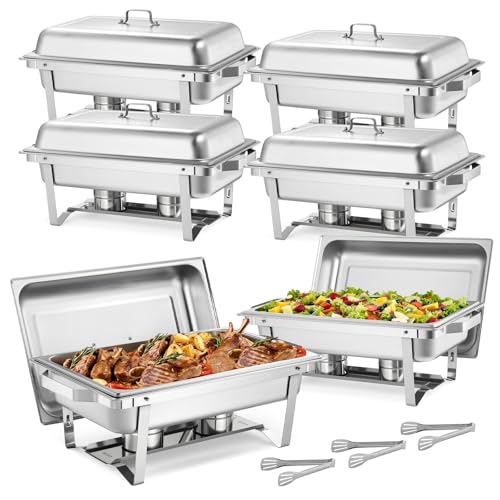 VEVOR Rectangle Chafing Dishes, 9 Qt 6 Pack Stainless Steel Chafing Dish, Food Warmer Chafer Complete Set with Hollow Handle, 3 Food Tongs, Lid, Holder, Chafer Dishes for Banquet Party Wedding - size: 6 PACKS
