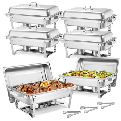 VEVOR Rectangle Chafing Dishes, 9 Qt 6 Pack Stainless Steel Chafing Dish, Food Warmer Chafer Complete Set with Hollow Handle, 3 Food Tongs, Lid, Holder, Chafer Dishes for Banquet Party Wedding - size: 6 PACKS