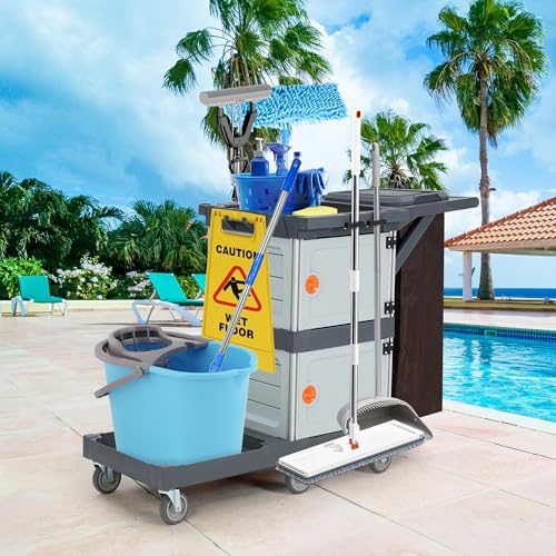 Rolling Cleaning Cart for Housekeeping, Commercial Janitorial Cart On Wheels with 2 Cabinets, Oxford Bag, Open Shelves, Plastic Housekeeping Cart Service Cart for Business Office