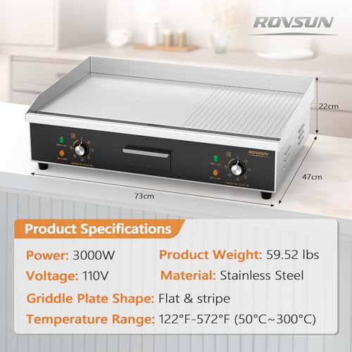ROVSUN 30" Electric Griddle, Electric Countertop with Half Flat Top Griddle, 3000W Grill Stainless Steel with Adjustable Temperature Control 122°F-572°F for Commercial Home Restaurant, Plug - size: 30"