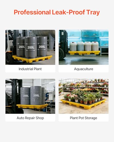 VEVOR Spill Containment Pallet, 4 Drum Low Profile Spill Containment Modular Platform, 31 Gallon Sump, 8818 lbs Load Capacity, Heavy-Duty Polyethylene Tray with Drain, 51.4" x 50.4" x 5.9", Yellow