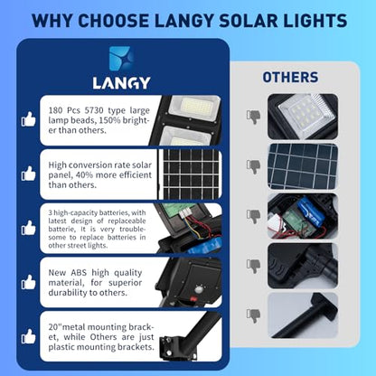 LANGY 2 Pack Led Solar Street Lights Outdoor 150000 Lumens,180 PCS LED,Dusk to Dawn Solar Powered Street Lights with Remote for Barn,Yard, Garden,Basketball Court - size: 2PACK 150000LM