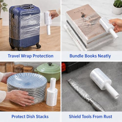 Polysells 2 Pack 5" x 1200ft MIni Roll Stretch Film with Handle, 80 Gauge Clear Moving & Packing Plastic Wrap for Boxes, Luggage, Bundling & Storage