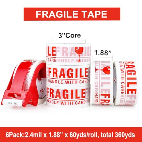 BOMEI PACK 6 Rolls Fragile Tape 2 Inch x 180 Feet (60 Yards) - Handle with Care Marking Tape, Fragile Packing Tape with Dispenser - Heavy Duty Fragiles Tape for Shipping and Moving Boxes