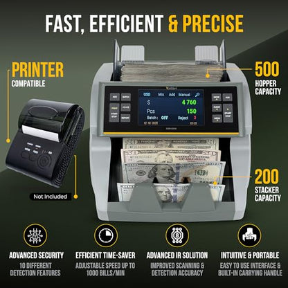 KOLIBRI Money Counter Machine I 4.5 TFT Display I Business Grade I Advanced IR/UV/MG/MT/DD/HLF Detection I Mixed Denomination (USD) I 1,200 Notes/Min I 3-Year Warranty I KBR-1500 V2 - color: Gray (Kbr-1500 V2)