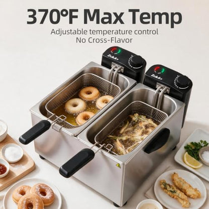 7.4QT Double Deep Fryer with Oil Filtration System, 3000W Dual Basket Electric Deep Fryer for Home Use with 2 Baskets, Large Countertop Fryer with Viewing Window and Adjustable Temperature