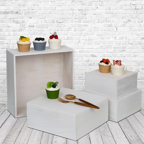 4 Pieces Wooden Cake Stands,Natural Wite Cupcake Stands for Display,12 inches Square Wooden crates,Wood Display risers for Wedding,Birthday Party,Christmas,etc. (Natural White) - color: Natural White
