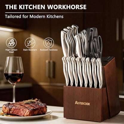 Knife Set, Astercook 21 Pieces Kitchen Knife Set with Built-in Sharpener, German Stainless Steel Knife Block Set, Razor-Sharp Knives with Full-tang Handle, Dishwasher Safe Kitchen Utensils Set - size: 21 Piece