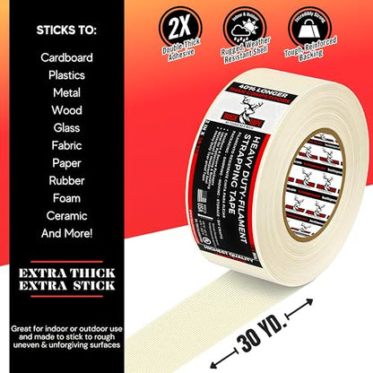 4 Pack Buck Strapping Tape 2 Inch x 30 Yds (90ft), 5.5 Mil – Heavy Duty Fiberglass Tape, Filament Tape, Reinforced Packing Tape with Synthetic PET Adhesive for Bundling, Shipping & Palletizing - size: 2 Inch x 30 Yards, style: 4 Pack