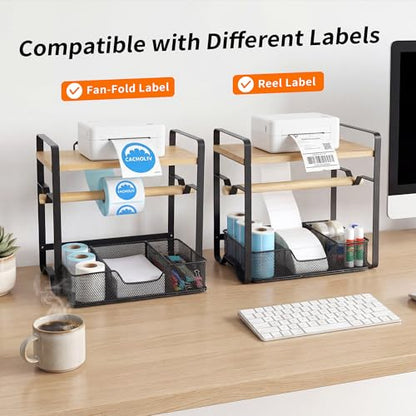 Label Holder for Thermal Printer - Sticker Roll Dispenser with Drawer - Shipping Lable Holder for Rolls and FanFold Labels - Thermal Printer Stand for Home, Office, Small Business (Bamboo-Black) - color: Black