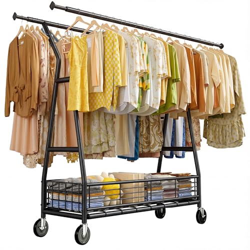 Raybee Clothes Rack, 630LBS Heavy Duty, Double Rods with Storage Basket - color: Black, style: Double Rods