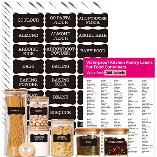 Hebayy 308 Pantry Food Labels, 280 Preprinted Flour Pasta Lentil Grain Condiment Oil Stickers, 28 Blank Ones, Waterproof Oil&Tear Resistant, No Residue for Kitchen Containers Jars(White on Black) - style: Style 4