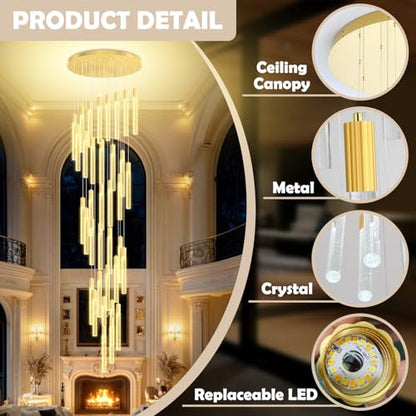 36-Light 200" High Ceiling Chandelier Long Spiral LED Dimmable Chandelier Modern Crystal Chandeliers for Staircase Foyer Entryway Living Room Gold - color: Gold, size: 36-Light