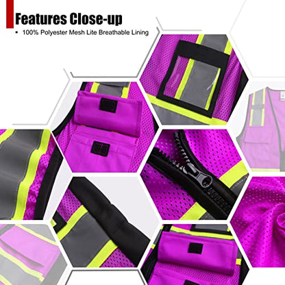 Safety Vest for Women High Visibility Vest with 8 Pockets and Front Zipper Mesh Reflective Vest Meets ANSI/ISEA Standards(Purple-17, Medium) - color: Purple-17, size: Medium