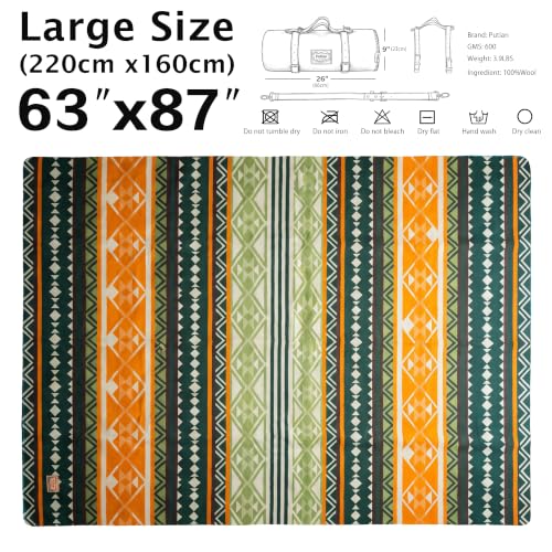 PuTian 100% Wool Blanket - Camping Outdoor Blanket, Geometric Green - color: Geometric Pattern Green, size: 63" × 87"