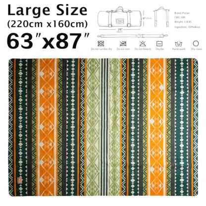 PuTian 100% Wool Blanket - Camping Outdoor Blanket, Geometric Green - color: Geometric Pattern Green, size: 63" × 87"
