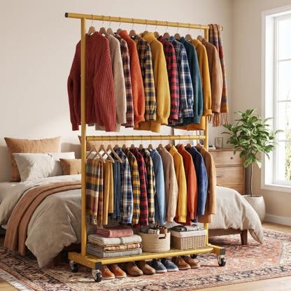 Sywhitta Double Rod Metal Clothing Rack on Wheels with Bottom Mesh,Gold - color: Gold, size: With mesh