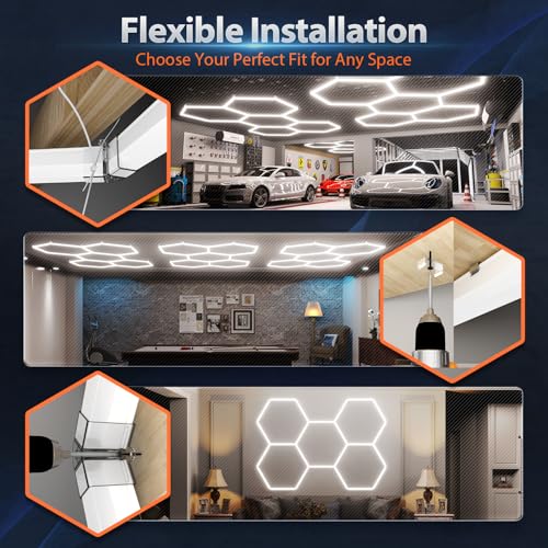 Hexagon Garage Lights: 245W 35 Pack 8 Grids LED Garage Lights - Easy Install 6500K Super Bright Honeycomb Light for Warehouse, Car Detailing Shop, Exhibition Hall, Gym - size: 8 HEX