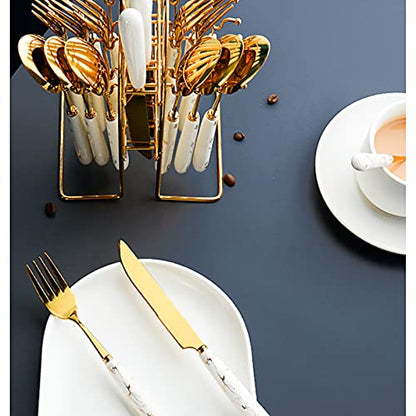 24-Piece Gilded Stainless Steel Flatware Set,Kitchen Utensil Tableware Cutlery Set Service for 6, Steak Cutlery Set for Home and Restaurant (White)… - color: White