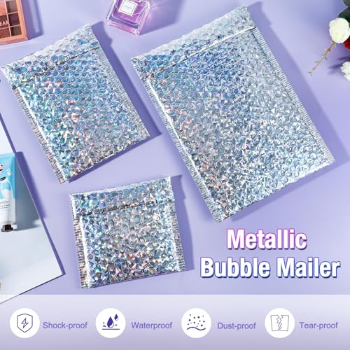 50 Pieces Holographic Bubble Mailers 3 Sizes - color: Glitter Silver