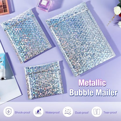 50 Pieces Holographic Bubble Mailers 3 Sizes - color: Glitter Silver