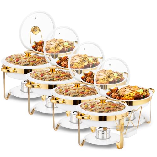 ROVSUN 6QT Chafing Dishes for Buffet 8 Pack, [Game Changer Maifanite-Coated] Chafing Dish Buffet Set, [Unique White & Gold Color] Chafers and Buffet Warmers Sets with Lid Holder for Party Wedding - color: White-gold