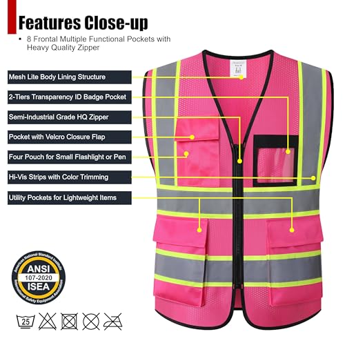 Reflective Safety Vest for Men Women Hi Vis Vest with 8 Pockets High Visibility Mesh Reflective Vest (Pink-07,Medium) - color: Pink, size: Medium
