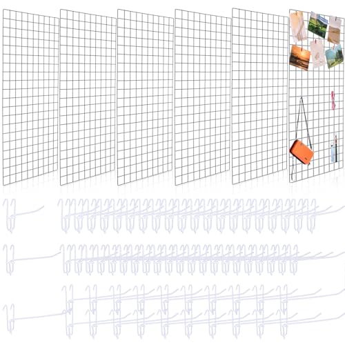 Hicarer 6 Pcs Commercial Grade Gridwall Panels for Display, Heavy Duty Wire Grid wall Display Rack Metal wall Mount Grid with 60 White Hooks for Retail Display Home Storage Vendor Events(2 x 4 ft) - size: 2 x 4 ft