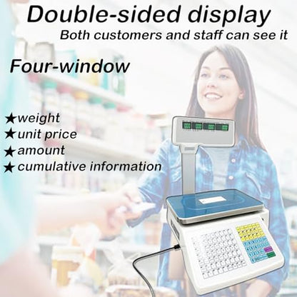INTBUYING Commercial Digital Scale with Thermal Printer 4-Window Pole Double-Sided LCD with Label Max 66lb 110V Portable for Warehouse Restaurant Bakery