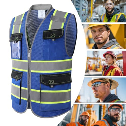 JKSafety Safety Vest for Men Women Hi Vis with Pockets and Cushioned Collar Construction Vest Meet ANSI Standard (BX360) - color: Blue, size: Large
