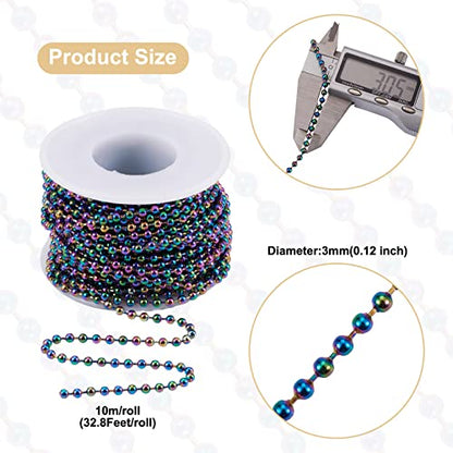 Craftdady Rainbow Steel Ball Bead Chain 32 Feet 3 mm Multicolor Round Beaded Link Cable Chains with Roll Spool for Necklace Choker Bracelet Earring Jewelry Making - color: Multi-Color