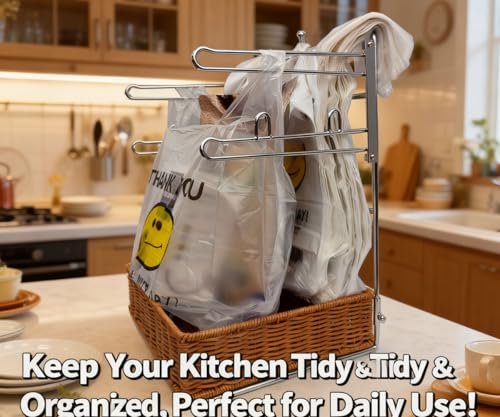 Plastic bag holder with a rattan-woven basket base, grocery bag organizer, space-saving bag storage, neat and easy to grab, perfect for the kitchen, shops, restaurants, and commercial use