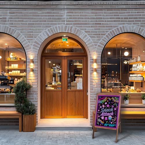 Hosim LED Message Writing Board 32"x24", Standing A-Frame Wooden Drawing Board Illuminated Erasable Neon Menu Sign, 8 Colors Markers & 16 Lighting Colors Flashing Chalkboard Restaurant Menu Board