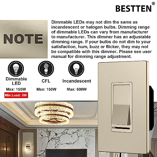 BESTTEN 5PK Matte Champagne Gold Dimmer Light Switch, Single Pole or 3-Way - color: Champagne Gold