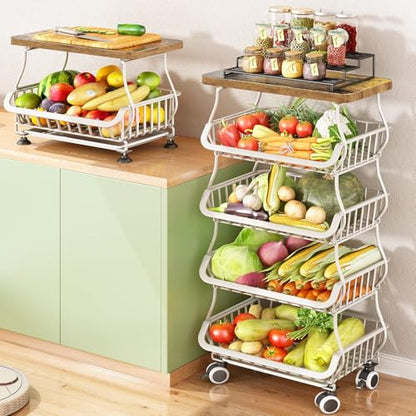 SAYZH 5-Tier Fruit and Vegetable Basket Stand for Kitchen, Wood Top, White - color: White, size: 5 Tiers
