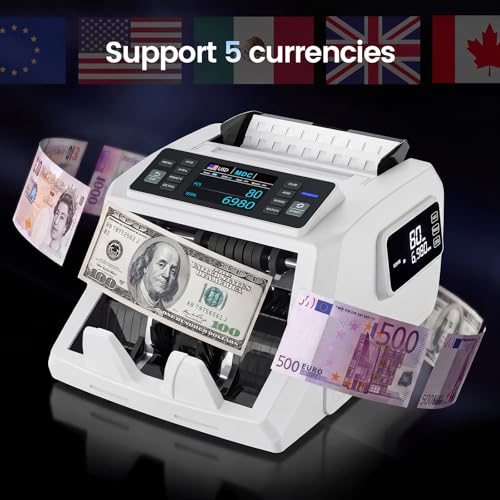 Mixed Denomination Money Counter & High-Security Counterfeit Detector (UV/MG/IR/DD) for USD/EUR/MXN/GBP/CAD, Dual-Display Cash Counting Machine, White