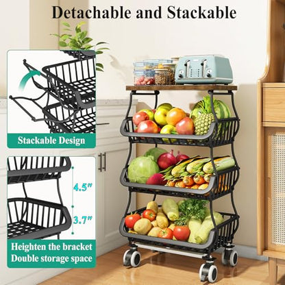 SAYZH 4-Tier Fruit and Vegetable Basket Stand for Kitchen, Wood Top, Black - color: Black, size: 4 Tiers