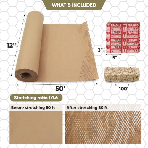 Honeycomb Packing Paper 12”x50’ Moving Supplies. Eco Friendly Bubble Paper Wrap Roll for Packing Fragile Items. Packaging Sheets for Moving. Kraft Paper Shipping Supplies. - size: 12" x 50 ft