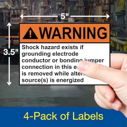 ComplianceSigns.com Warning Shock Hazard Exists If Grounding Electrode ANSI Label Decal, 5x3.5 inch 4-Pack Vinyl for Electrical