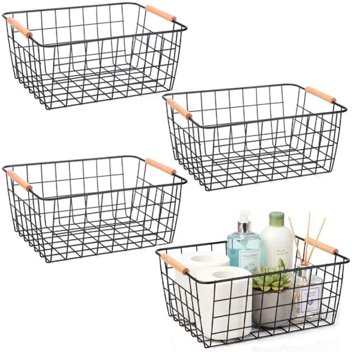 Metal Black Wire Basket,Food Storage Basket Organizer with Wooden Handles for Organizing,pantry and organizers Kitchen Cabinets Shelf potato onion, 4 Packs-Black - color: Black, size: 4-Medium