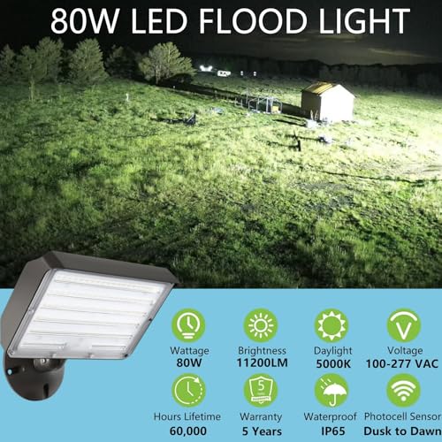 80W Outdoor LED Flood Light Dusk to Dawn with Knuckle, 11200LM 600W Equivalent, 100-277V 5000K Daylight, ETL Commercial LED Flood Light Fixture, Outdoor Security Lighting for Landscape/Parking Lot - size: 80W