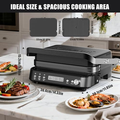 CATTLEMAN 5 in 1 Ceramic Panini Press Grill with Removable Plates, 1600W - color: Black with Reversible Plates