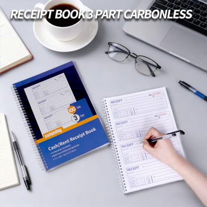 Money and Rent Receipt Books with Cardboard Insert,7-5/8" x 10-7/8" Spiral Bound,3 Part Carbonless,100 Sets per Book,4 Receipts Per Page for Rent and Cash Transaction