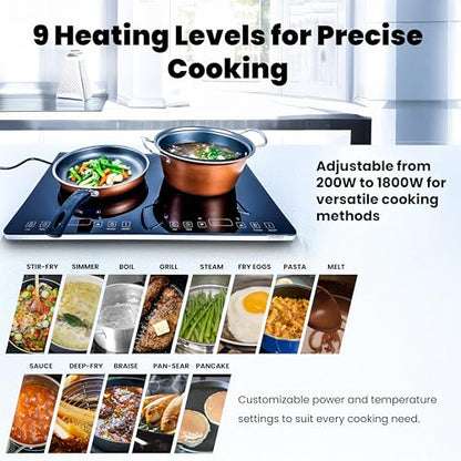 OMEO Portable Double Induction Cooktop 2 Burner Electric Cooktop, Touch Control 110V Induction Cooker with Safety Lock, Pause, Auto Shutoff Timer Setting, 9 Heating Level and Overheating Protection - size: Double Burner