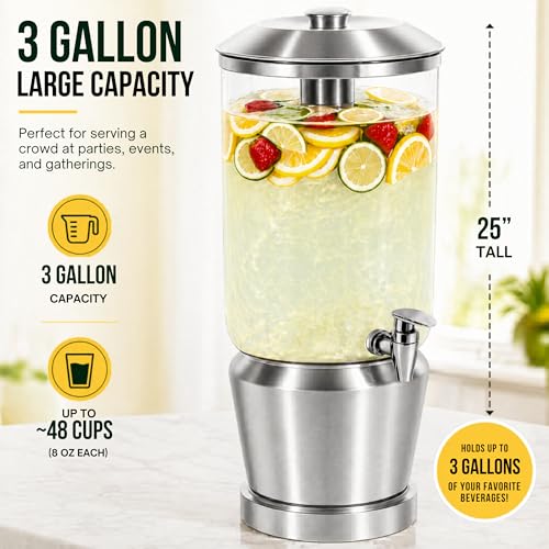 Drink Dispenser with Ice Chambers, Lemonade Tea Water Dispenser with Spigot, Stainless Steel Beverage Jar Jug, Perfect for Home Parties, Weddings, Gifts & Events (Silver, 3, Gallons) - color: Silver