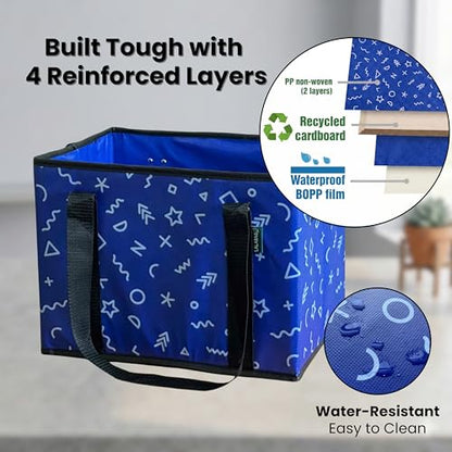 Reusable Grocery Bags (3 Pack) - Heavy Duty Foldable Tote Bags with Long Handles & Hard Bottom - Large Reusable Shopping Bags, Box-Shaped Grocery Totes Hold Up to 65 lbs, Stand Up & Fold Flat - color: Navy Blue